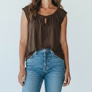 Chocolate Brown Boho Y2K Top Old Navy L Cotton/Modal Cap Sleeve Open Neck Bow